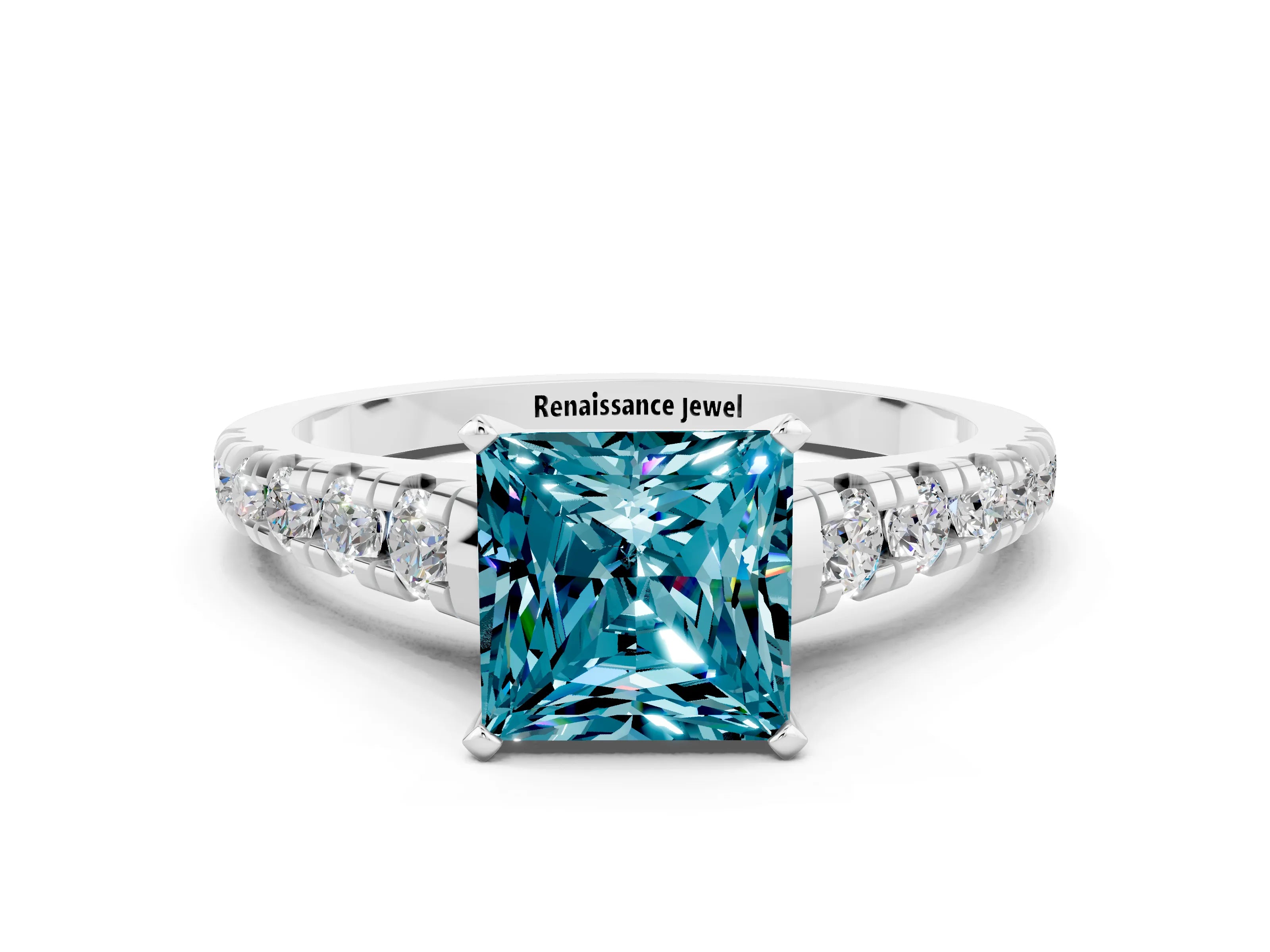 White gold Princess Cut Blue Topaz Solitaire Ring with Cathedral Setting and Pavé Band