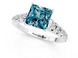 White gold Princess Cut Blue Topaz Solitaire Ring with Cathedral Setting and Pavé Band_1