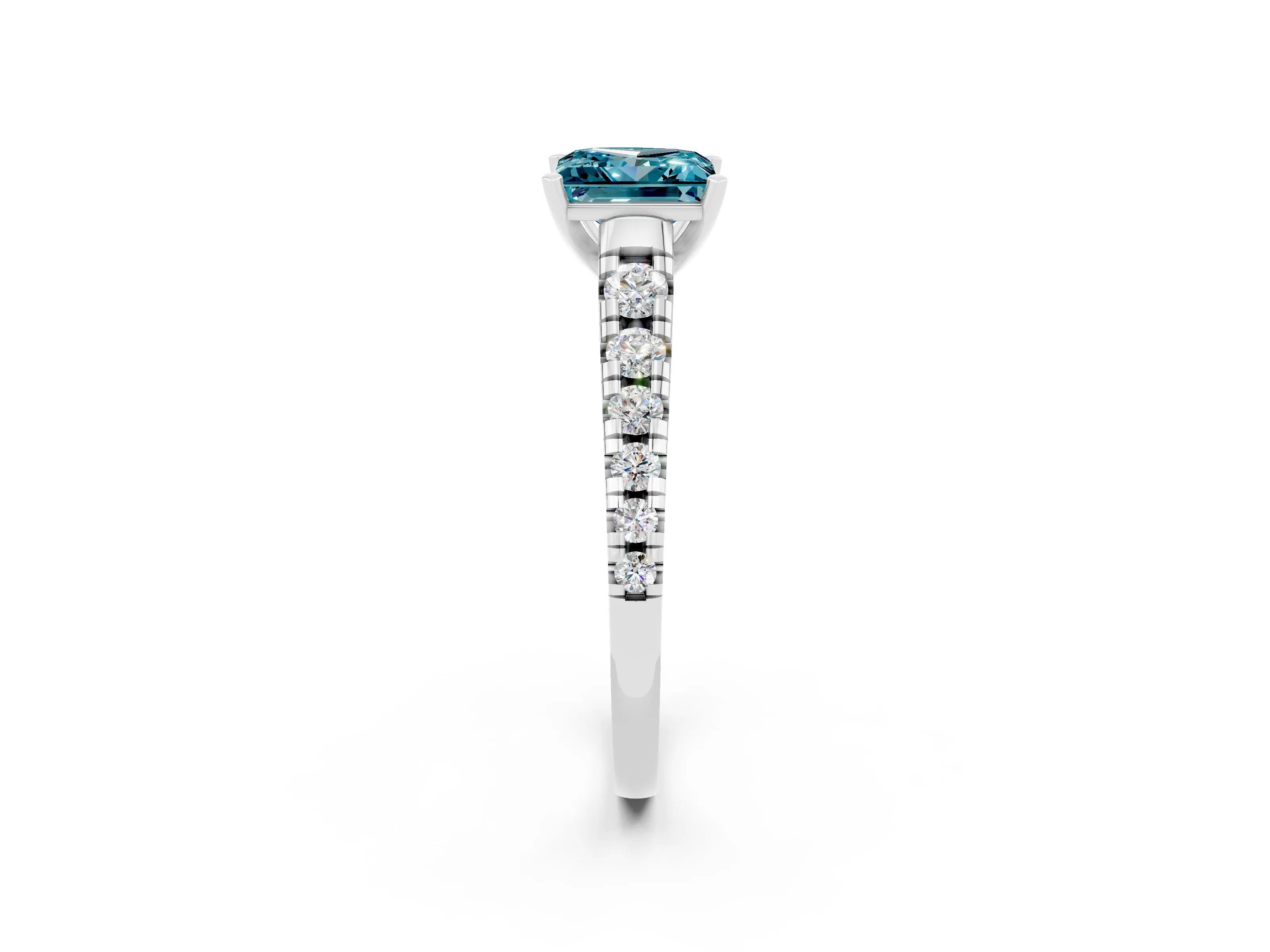 White gold Princess Cut Blue Topaz Solitaire Ring with Cathedral Setting and Pavé Band_2