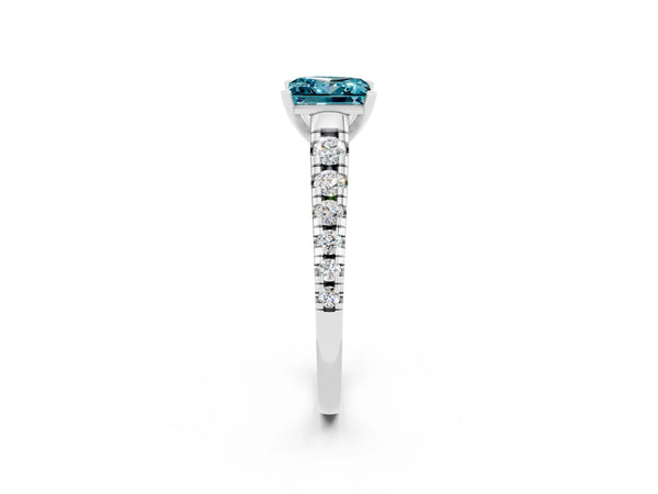 Platinum Princess Cut Blue Topaz Cathedral Solitaire Ring with Round  Pavé Band