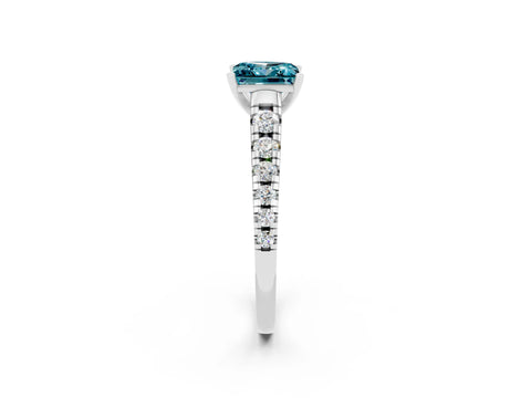 White gold Princess Cut Blue Topaz Solitaire Ring with Cathedral Setting and Pavé Band_2