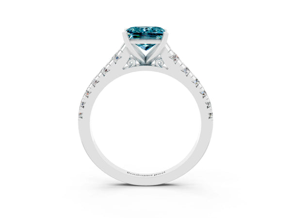 Platinum Princess Cut Blue Topaz Cathedral Solitaire Ring with Round  Pavé Band