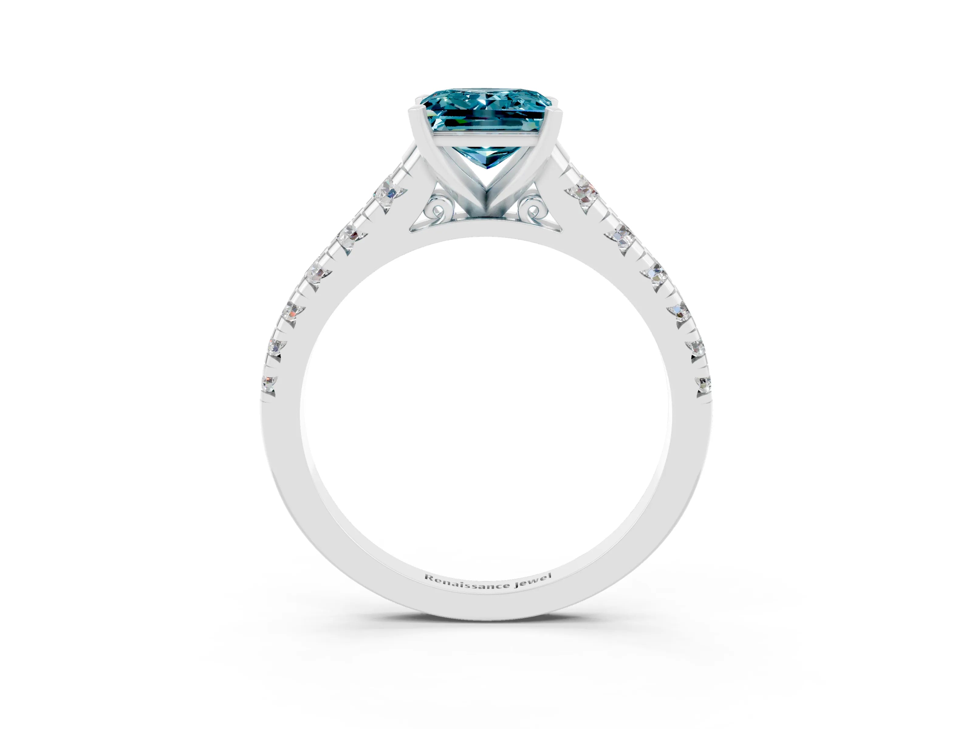 White gold Princess Cut Blue Topaz Solitaire Ring with Cathedral Setting and Pavé Band_3