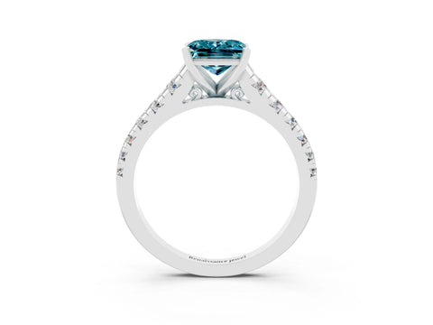 White gold Princess Cut Blue Topaz Solitaire Ring with Cathedral Setting and Pavé Band_3