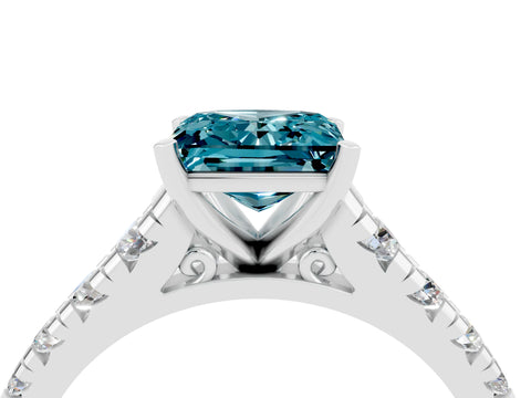 White gold Princess Cut Blue Topaz Solitaire Ring with Cathedral Setting and Pavé Band_4