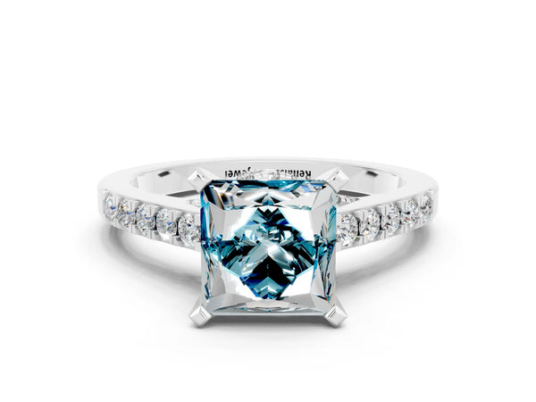 Silver Princess Cut Blue Topaz Solitaire Ring with Crossover Gallery and Round  Pavé Band
