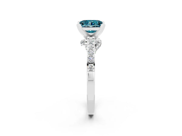 Silver Princess Cut Blue Topaz Solitaire Ring with Crossover Gallery and Round  Pavé Band