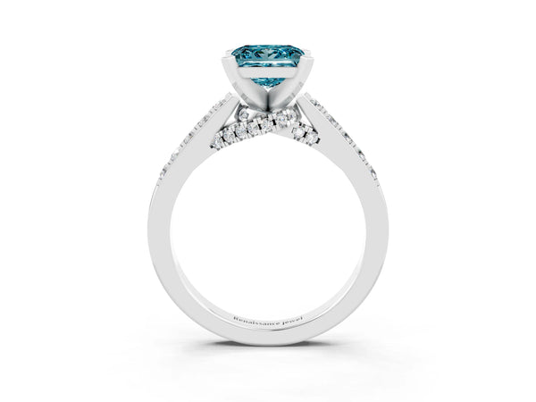 Platinum Princess Cut Blue Topaz Solitaire Ring with Crossover Gallery and Round  Pavé Band