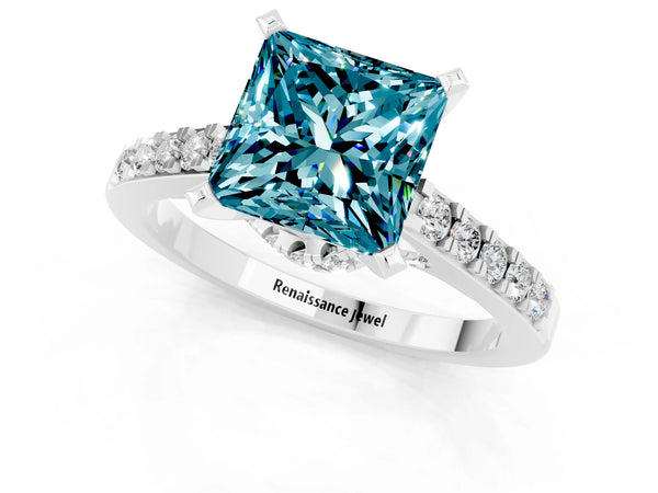 White gold Princess Cut Blue Topaz Solitaire Ring with Crossover Gallery and Round  Pavé Band