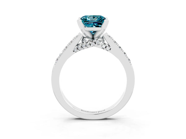 White gold Princess Cut Blue Topaz Solitaire Ring with Crossover Gallery and Round  Pavé Band