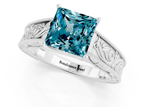 White gold Princess Cut Blue Topaz Solitaire Ring with Engraved Band and Four-Prong Setting_1