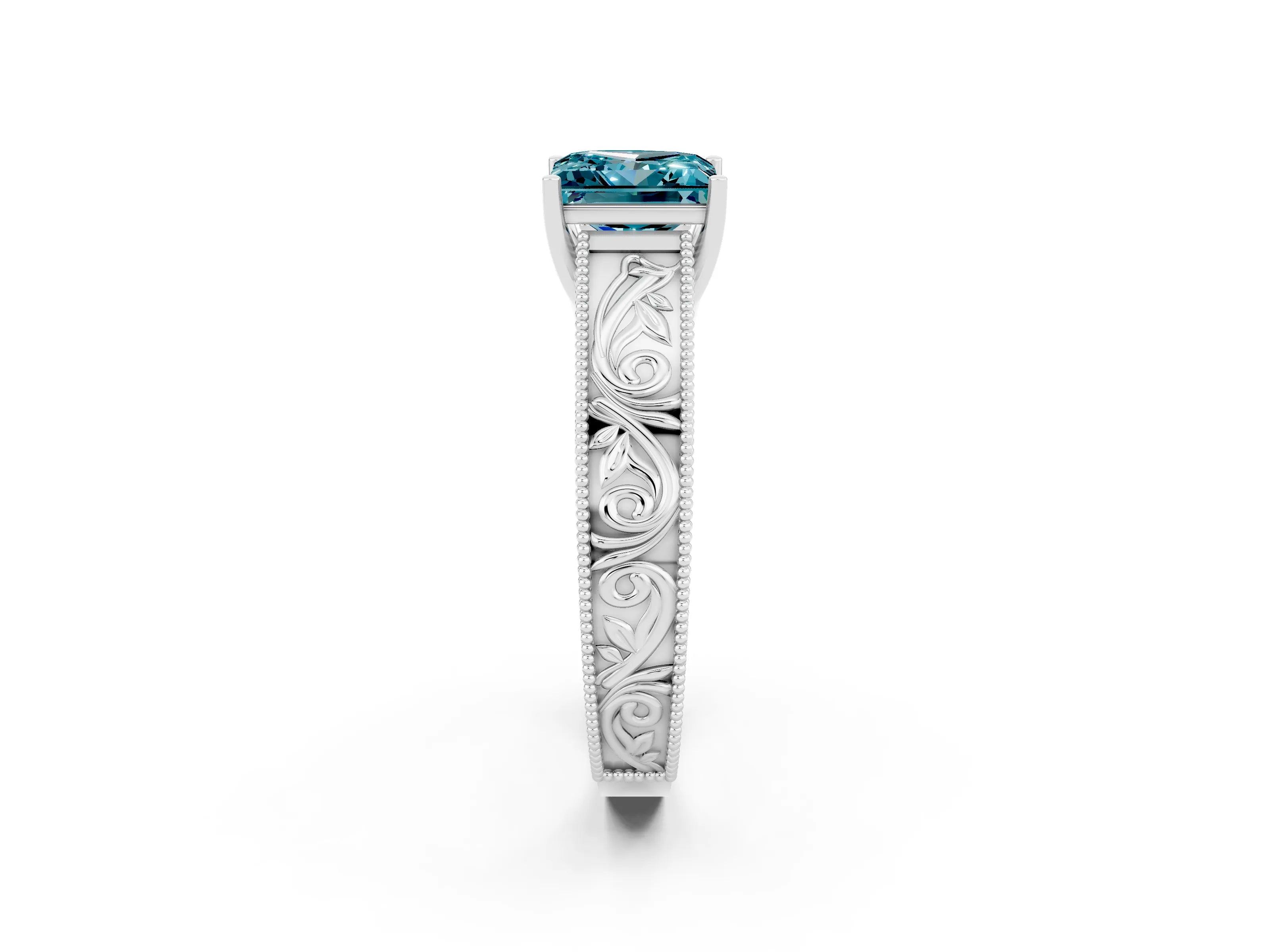 White gold Princess Cut Blue Topaz Solitaire Ring with Engraved Band and Four-Prong Setting_2
