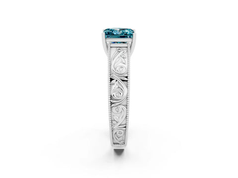 White gold Princess Cut Blue Topaz Solitaire Ring with Engraved Band and Four-Prong Setting_2
