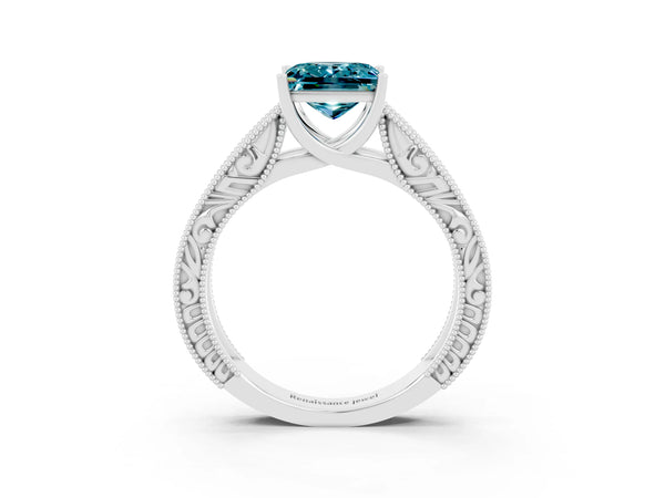 Silver Princess Cut Blue Topaz Solitaire Ring with Engraved Band and Four-Prong Setting