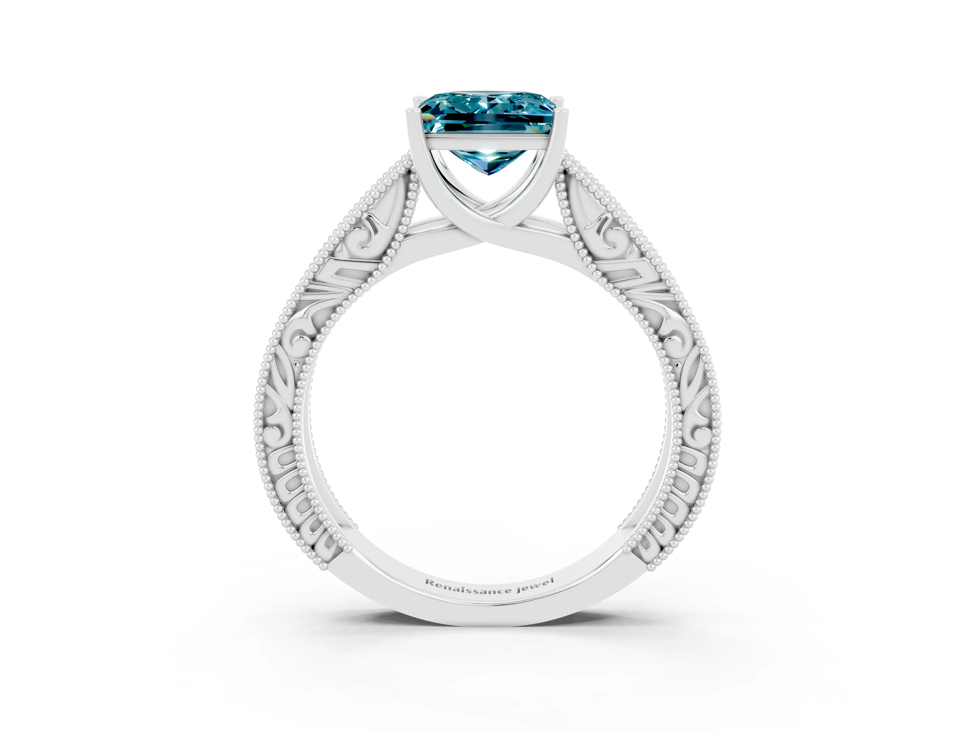 White gold Princess Cut Blue Topaz Solitaire Ring with Engraved Band and Four-Prong Setting_3