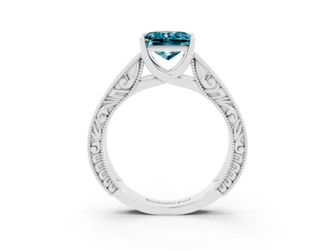 White gold Princess Cut Blue Topaz Solitaire Ring with Engraved Band and Four-Prong Setting_3