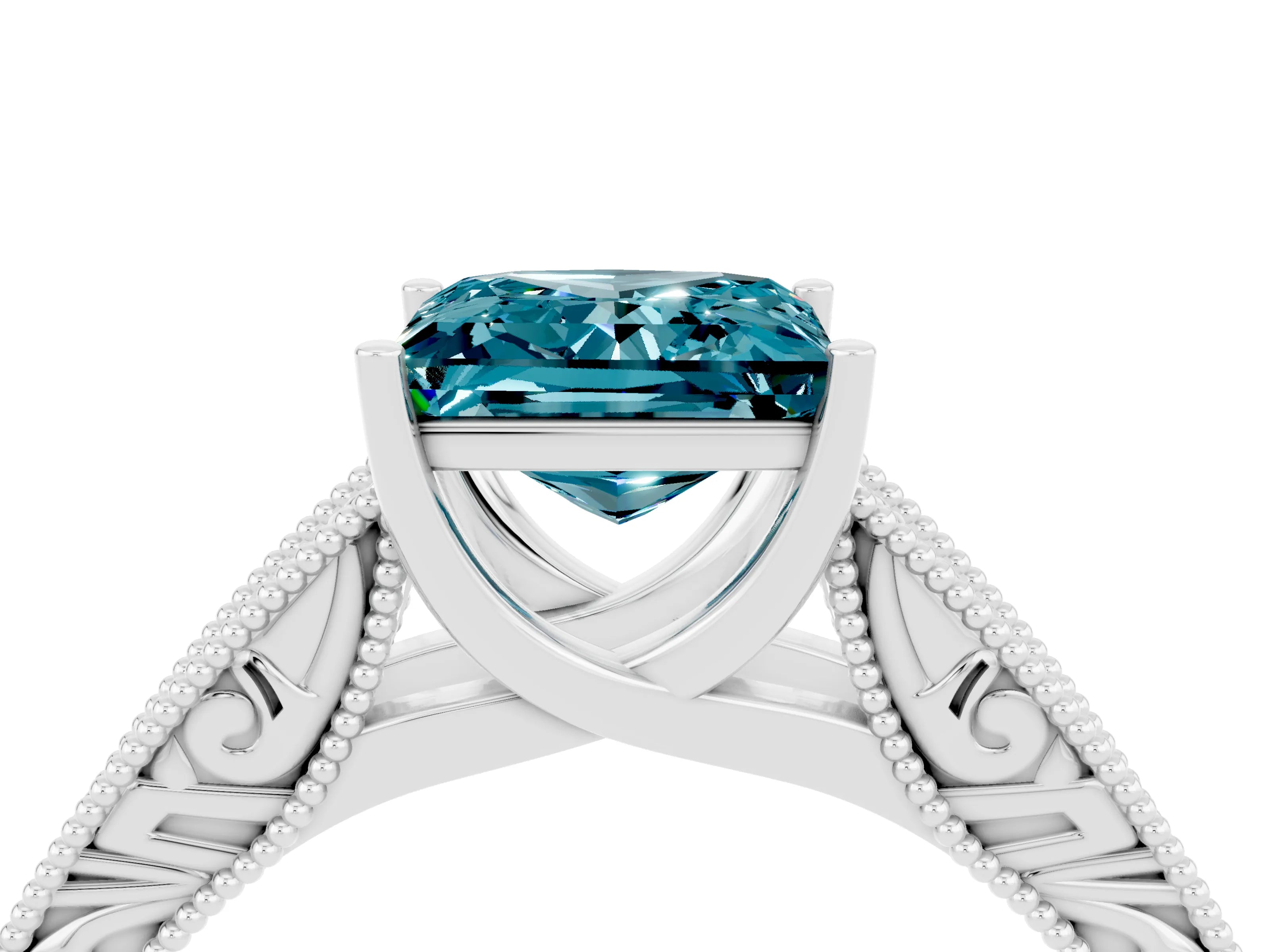 White gold Princess Cut Blue Topaz Solitaire Ring with Engraved Band and Four-Prong Setting_4