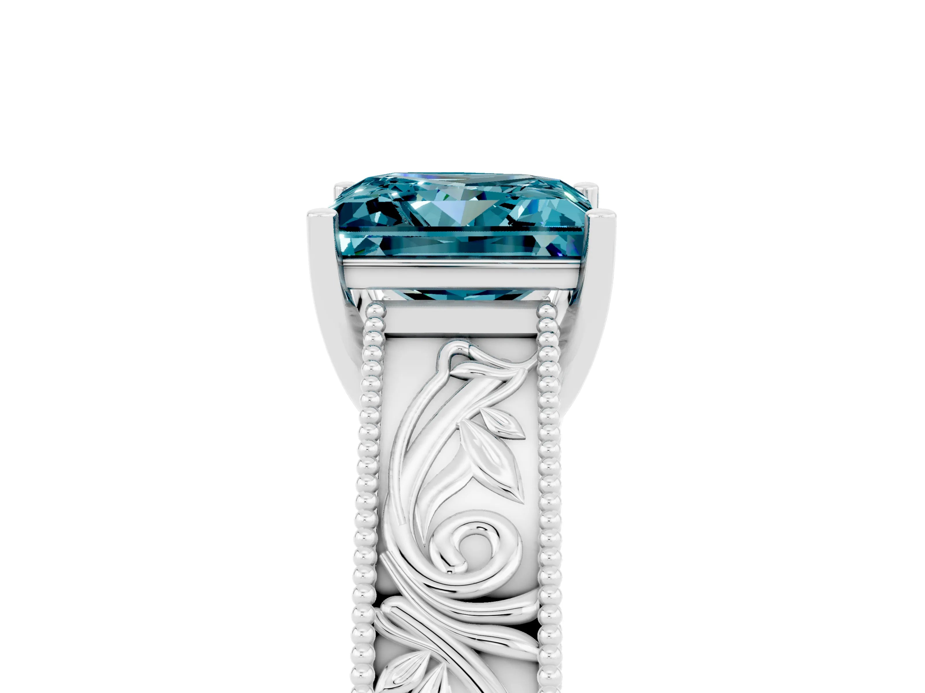 White gold Princess Cut Blue Topaz Solitaire Ring with Engraved Band and Four-Prong Setting_5