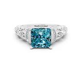 White gold Princess Cut Blue Topaz Solitaire Ring with Filigree Band and Four-Prong Setting_24