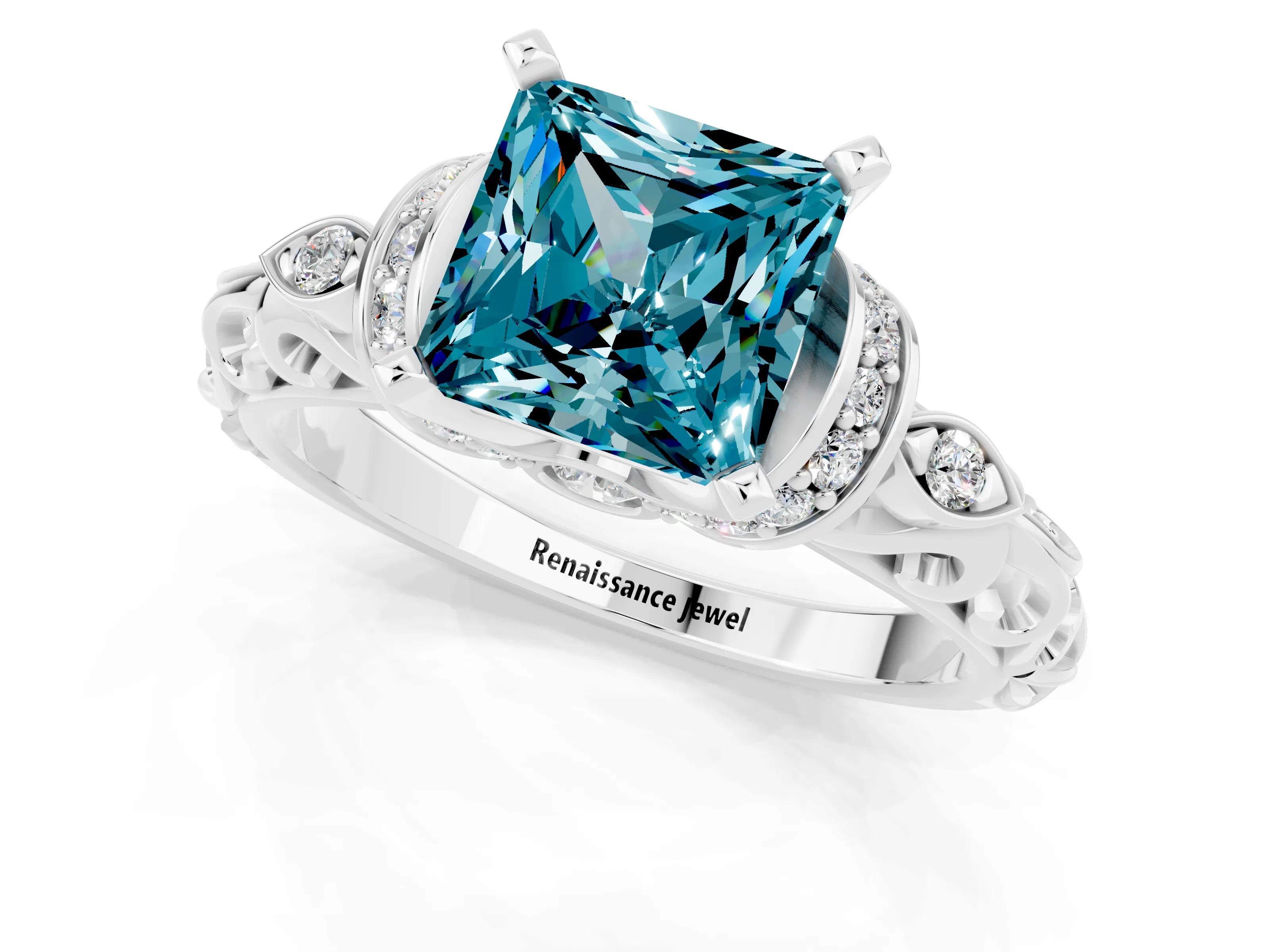 White gold Princess Cut Blue Topaz Solitaire Ring with Filigree Band and Four-Prong Setting_25