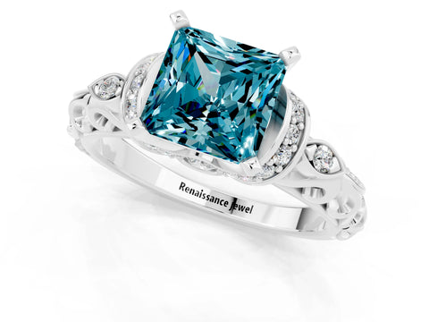 White gold Princess Cut Blue Topaz Solitaire Ring with Filigree Band and Four-Prong Setting_25