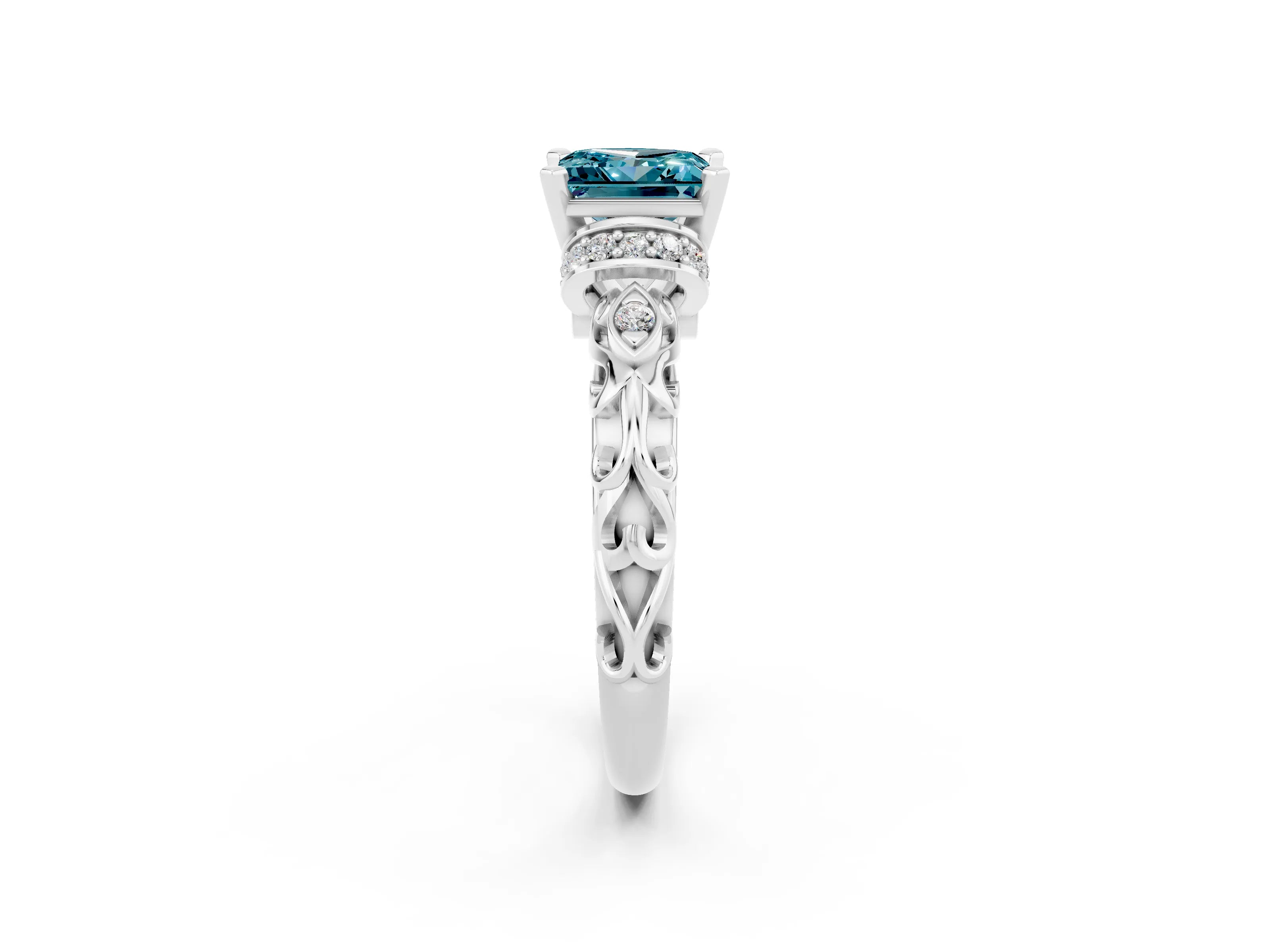 White gold Princess Cut Blue Topaz Solitaire Ring with Filigree Band and Four-Prong Setting_26