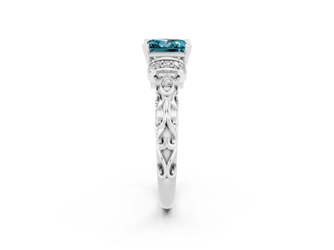 White gold Princess Cut Blue Topaz Solitaire Ring with Filigree Band and Four-Prong Setting_26