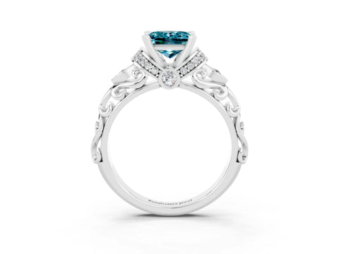 White gold Princess Cut Blue Topaz Solitaire Ring with Filigree Band and Four-Prong Setting_27