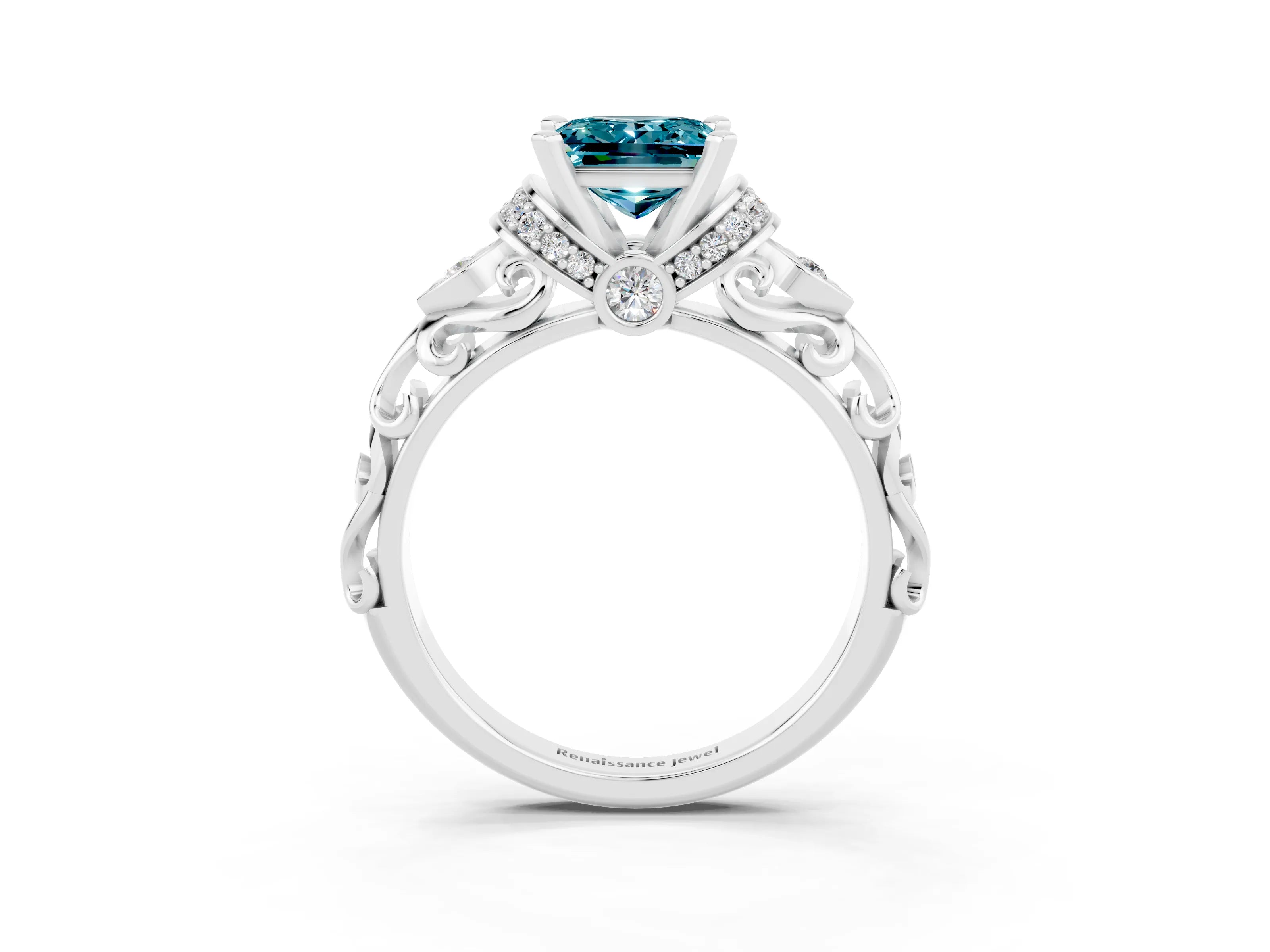 White gold Princess Cut Blue Topaz Solitaire Ring with Filigree Band and Four-Prong Setting_27