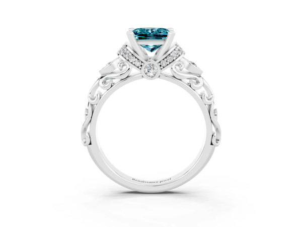 White gold Princess Cut Blue Topaz Solitaire Ring with Filigree Band and Four-Prong Setting