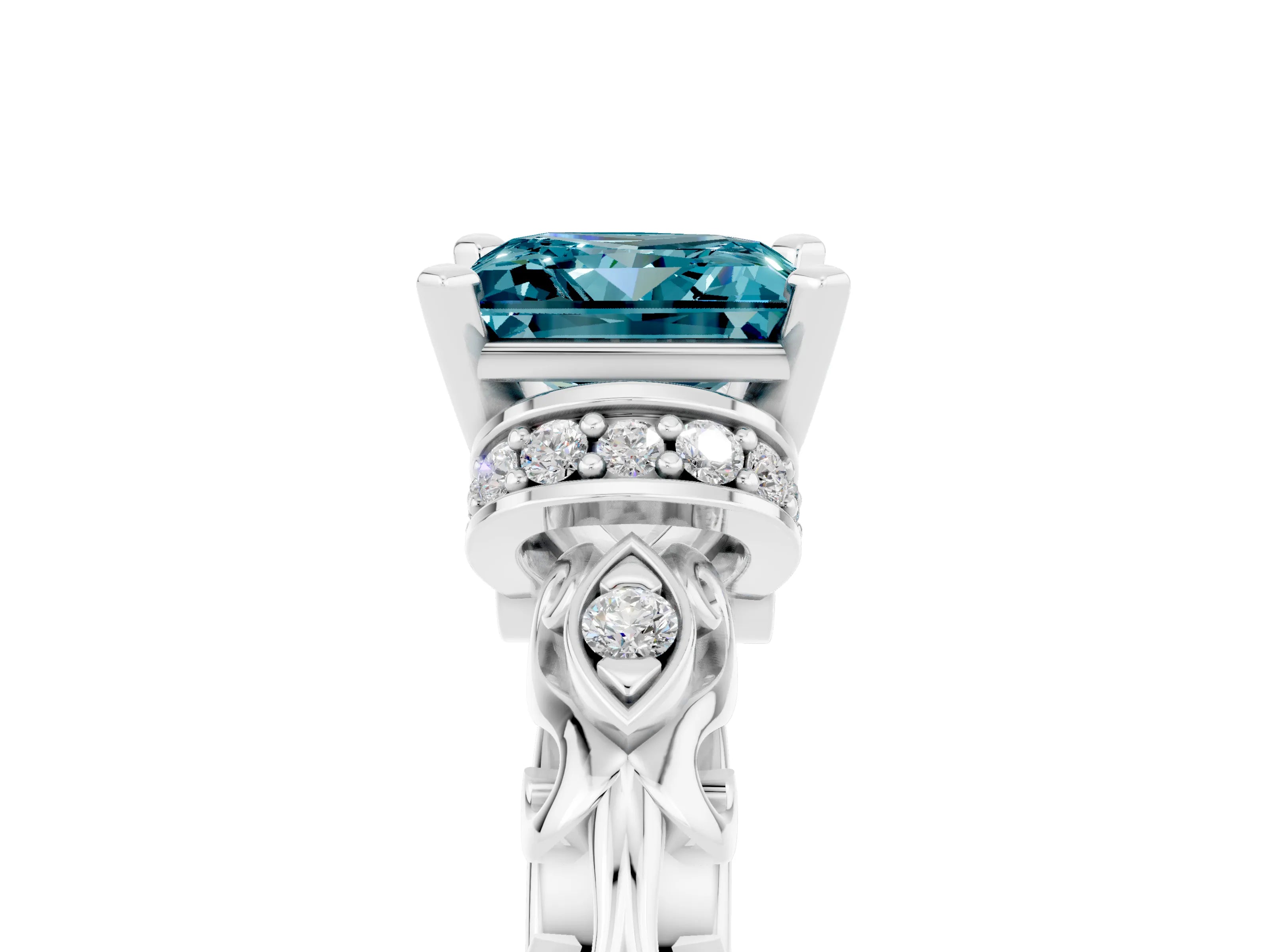 White gold Princess Cut Blue Topaz Solitaire Ring with Filigree Band and Four-Prong Setting_29