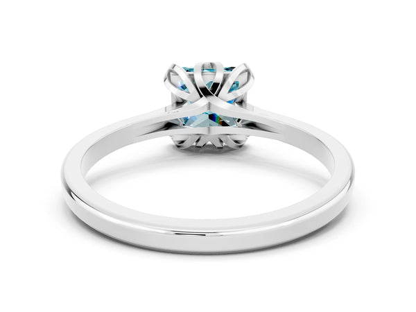 White gold Princess Cut Blue Topaz Solitaire Ring with Flower Prong Setting and Classic Band