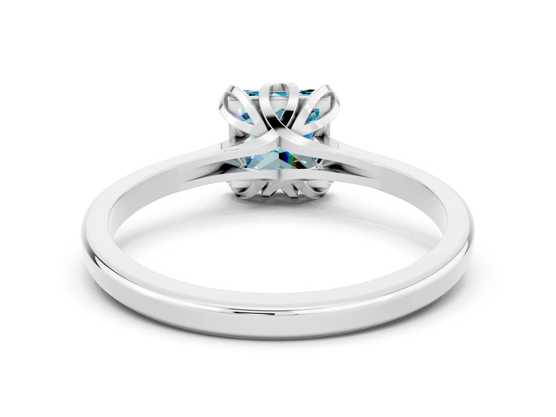 White gold Princess Cut Blue Topaz Solitaire Ring with Flower Prong Setting and Classic Band_49