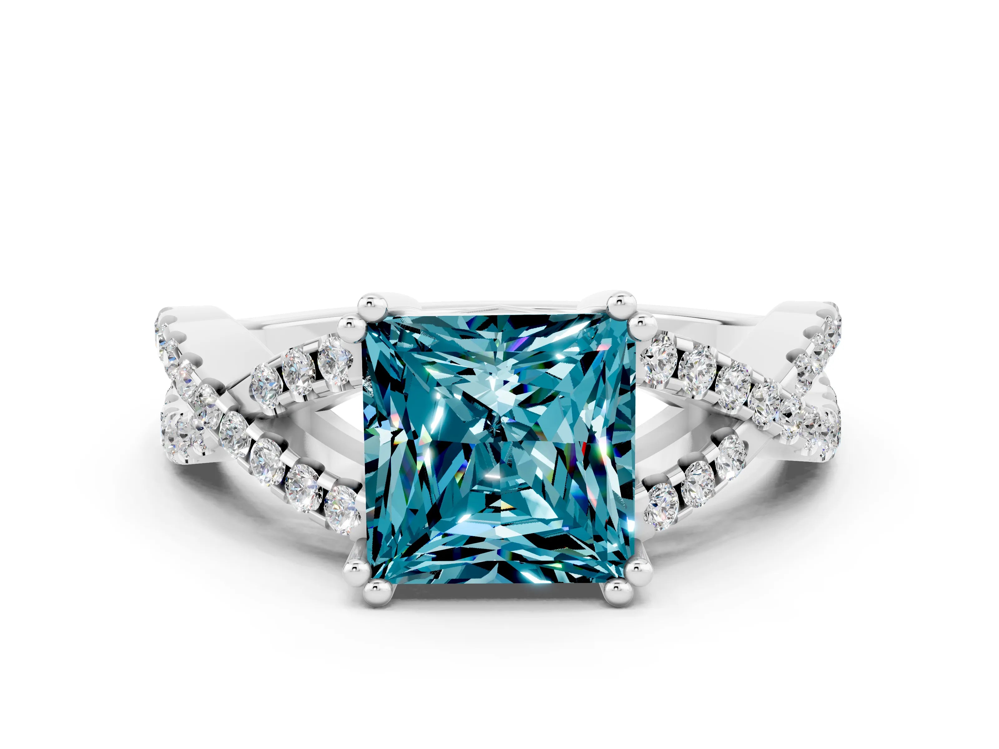 White gold Princess Cut Blue Topaz Solitaire Ring with Four-Prong Setting and Twisted Pavé Band