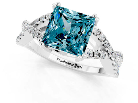 White gold Princess Cut Blue Topaz Solitaire Ring with Four-Prong Setting and Twisted Pavé Band_1