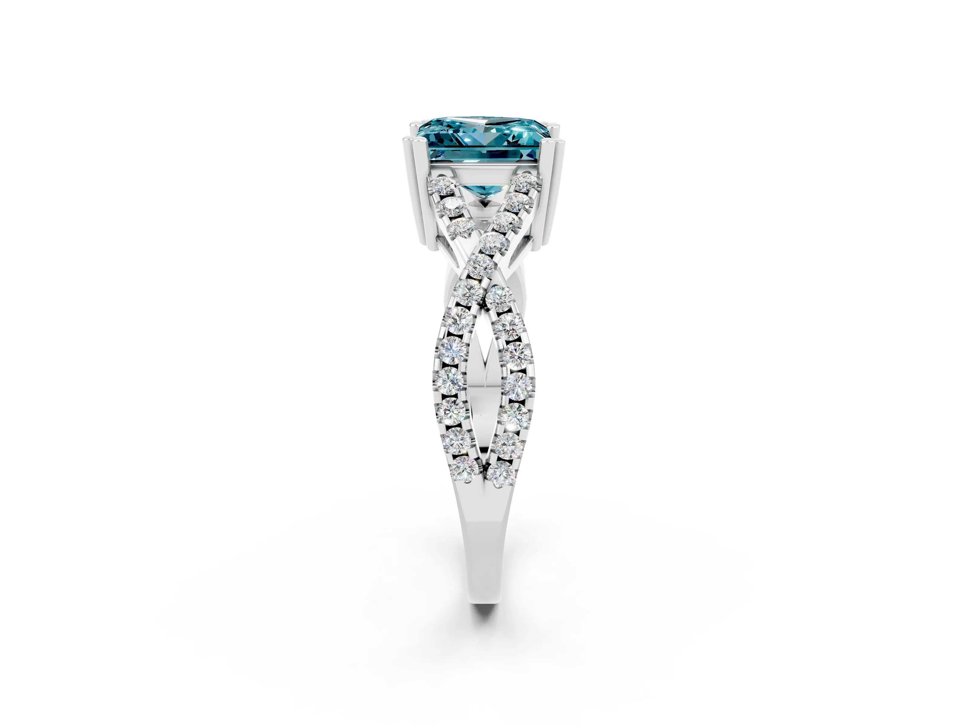 White gold Princess Cut Blue Topaz Solitaire Ring with Four-Prong Setting and Twisted Pavé Band_2