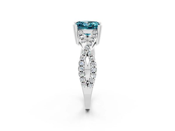 Silver Princess Cut Blue Topaz Solitaire Ring with Four-Prong Setting and Twisted Pavé Band