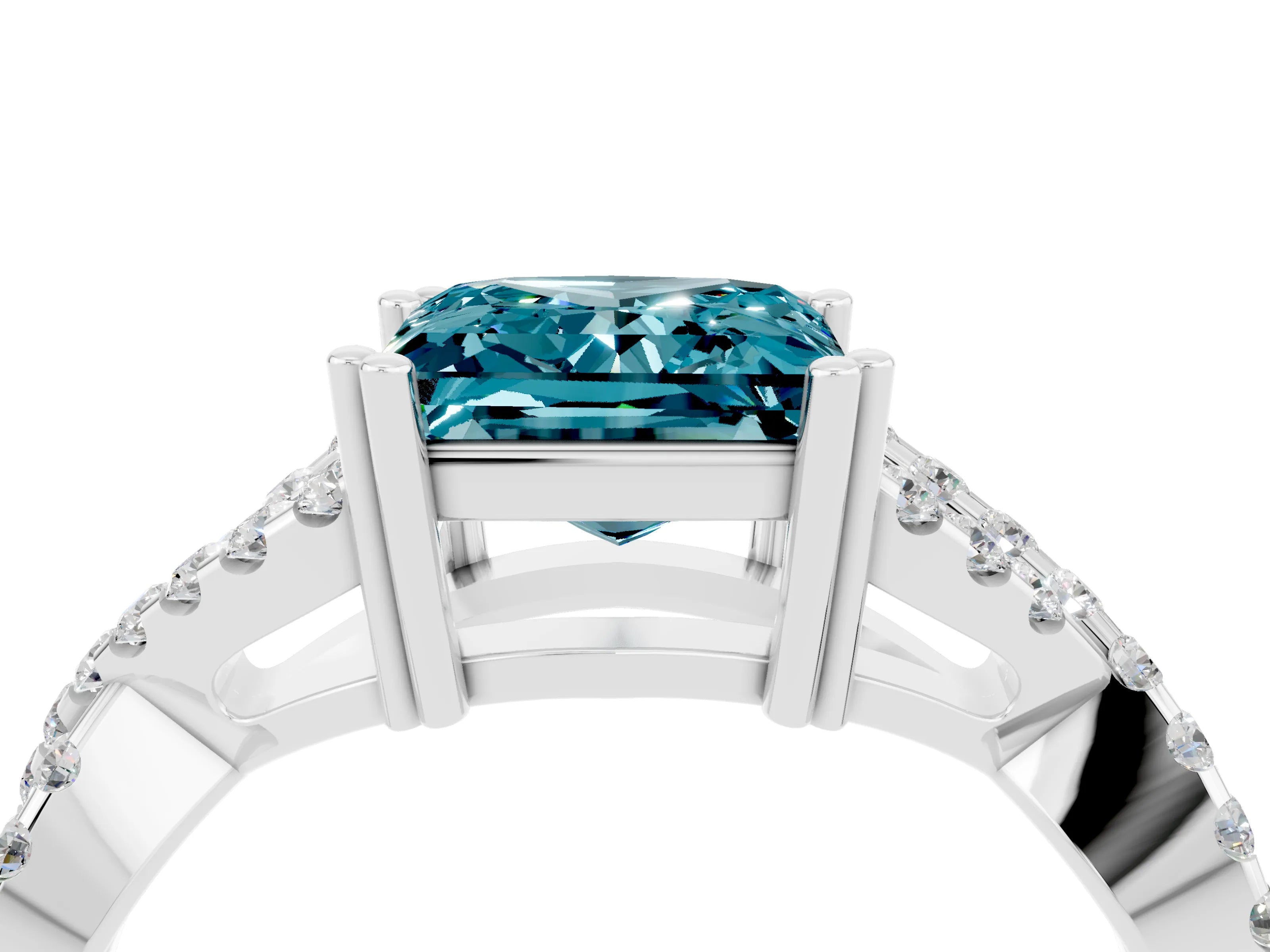 White gold Princess Cut Blue Topaz Solitaire Ring with Four-Prong Setting and Twisted Pavé Band_4