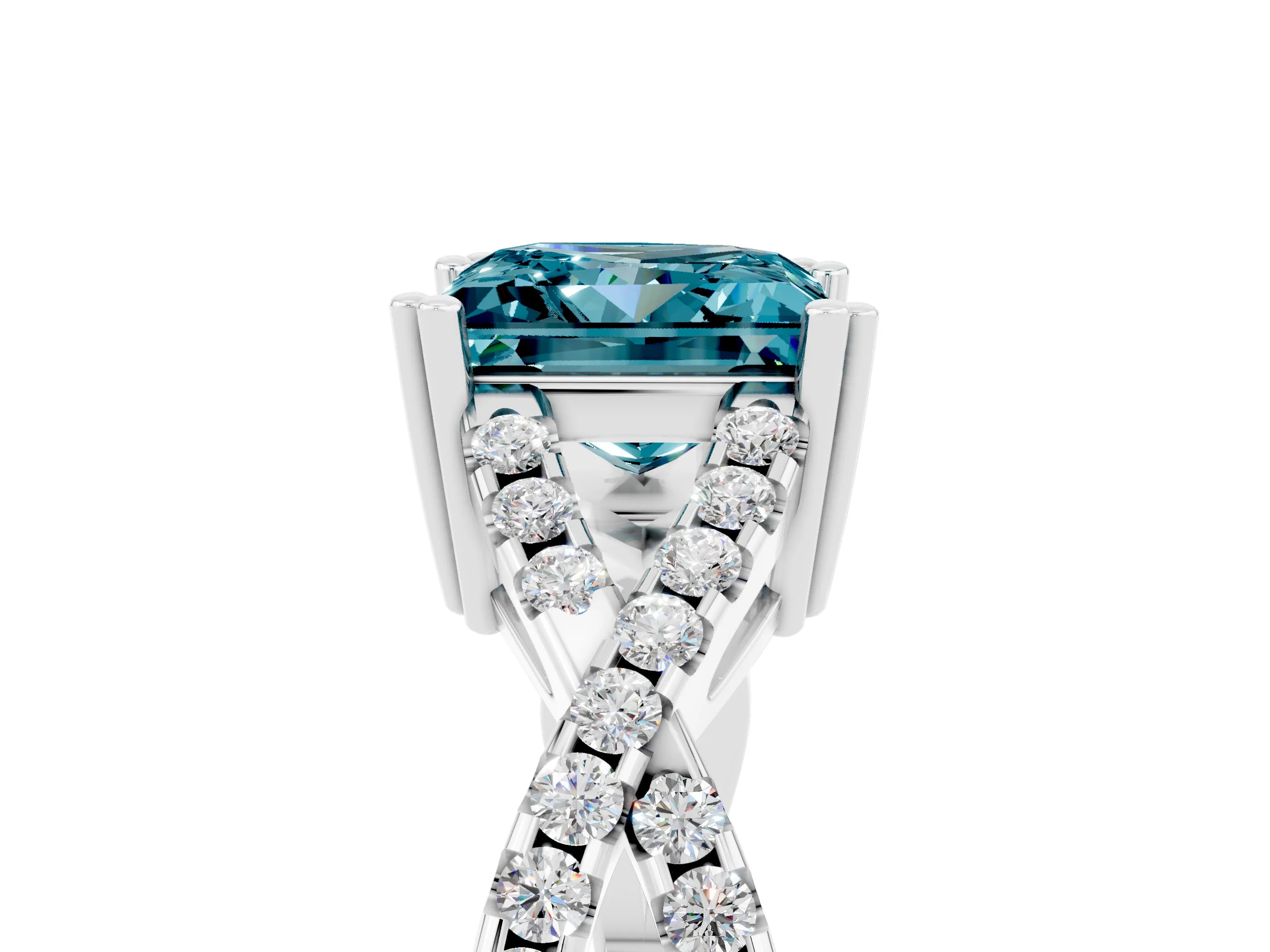 White gold Princess Cut Blue Topaz Solitaire Ring with Four-Prong Setting and Twisted Pavé Band_5