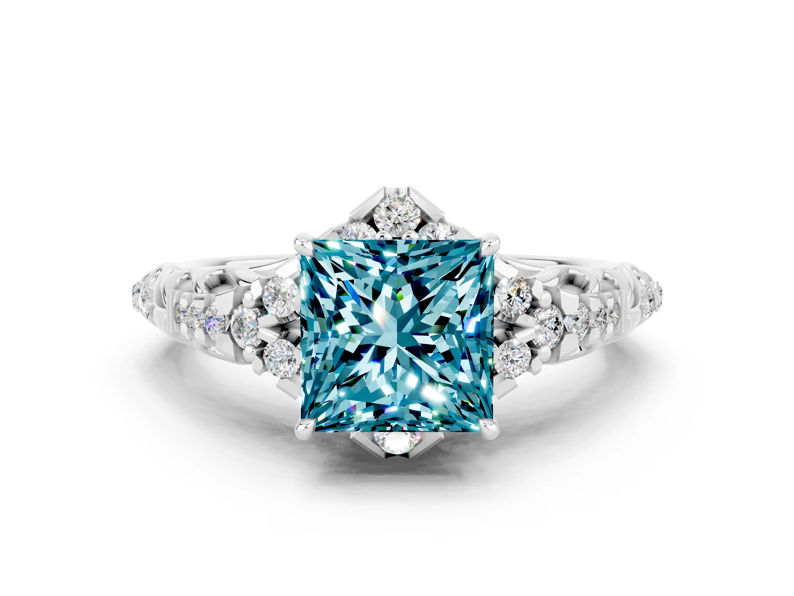 White gold Princess Cut Blue Topaz Solitaire Ring with Hidden Halo and Pavé Band_12