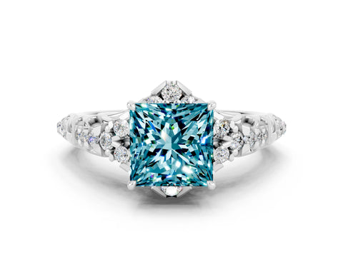 White gold Princess Cut Blue Topaz Solitaire Ring with Hidden Halo and Pavé Band_12