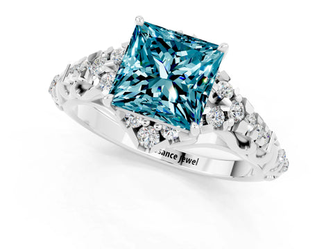 White gold Princess Cut Blue Topaz Solitaire Ring with Hidden Halo and Pavé Band_13