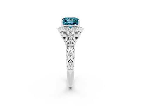 White gold Princess Cut Blue Topaz Solitaire Ring with Hidden Halo and Pavé Band_14