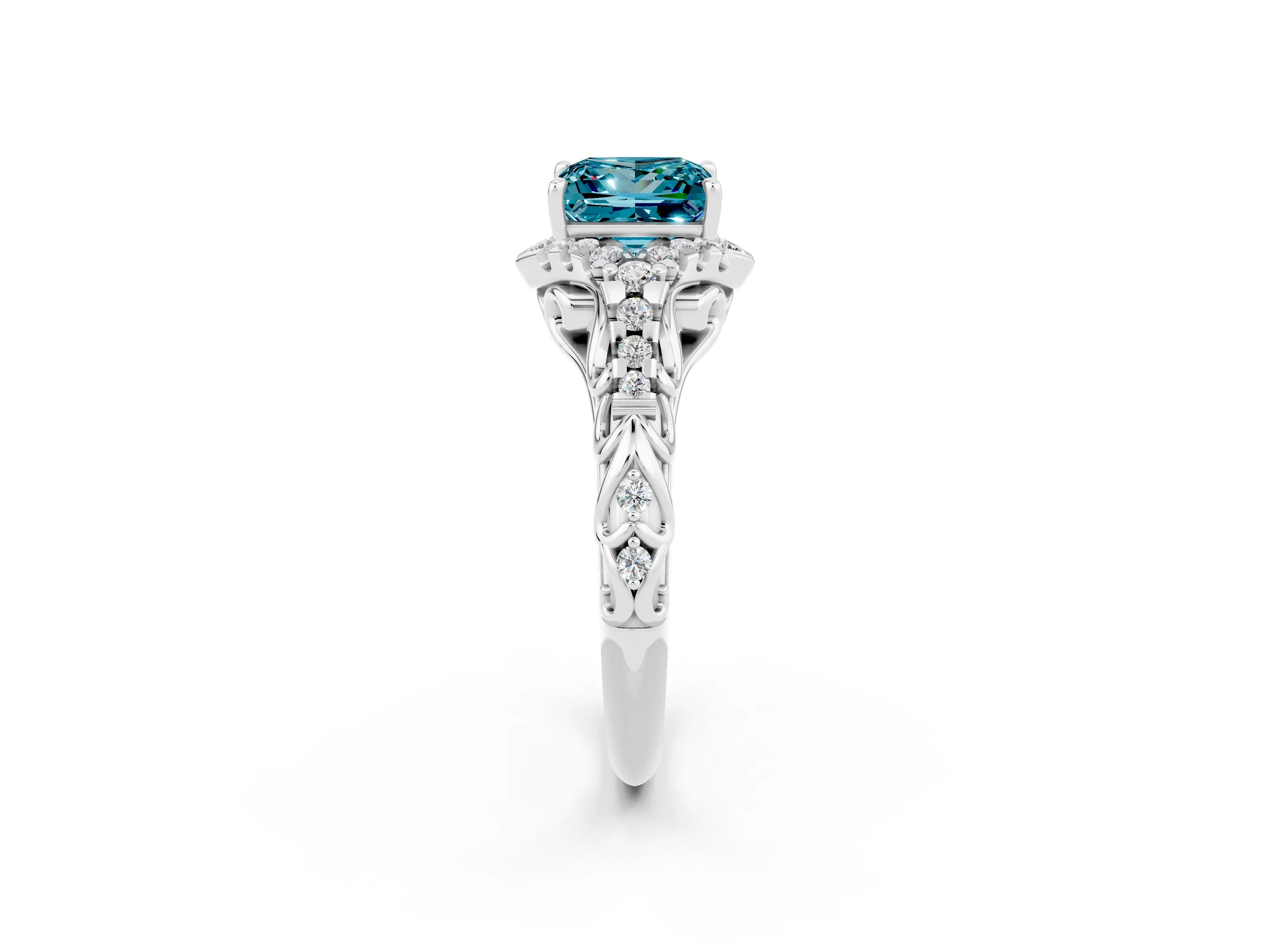 White gold Princess Cut Blue Topaz Solitaire Ring with Hidden Halo and Pavé Band_14