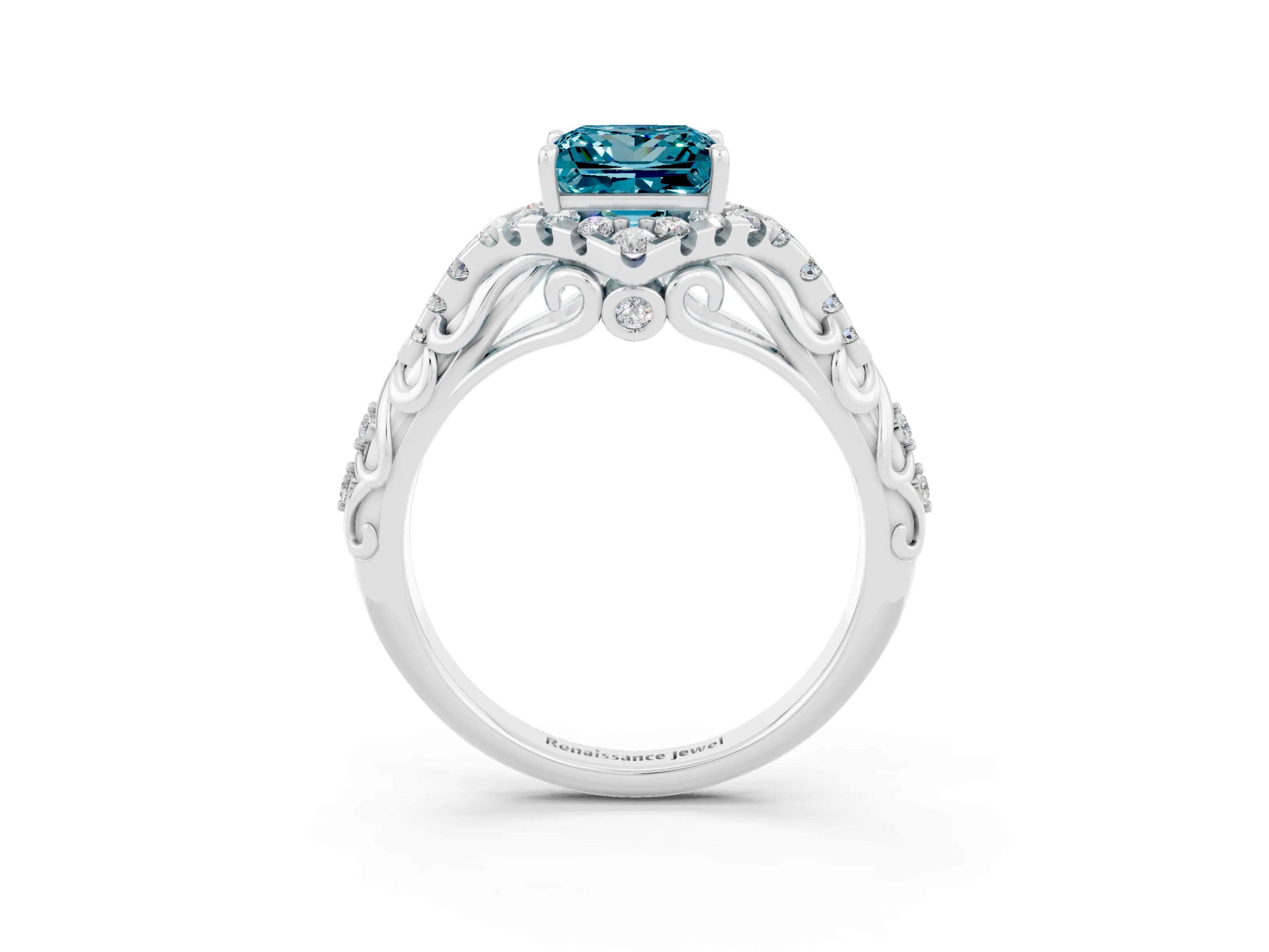 White gold Princess Cut Blue Topaz Solitaire Ring with Hidden Halo and Pavé Band_15