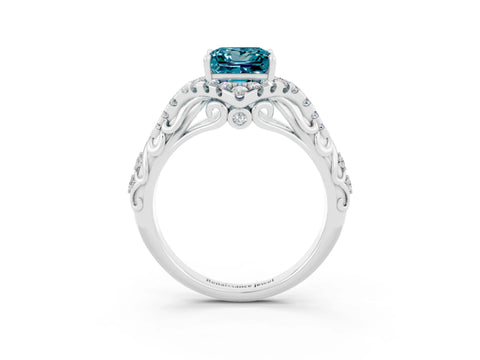 White gold Princess Cut Blue Topaz Solitaire Ring with Hidden Halo and Pavé Band_15