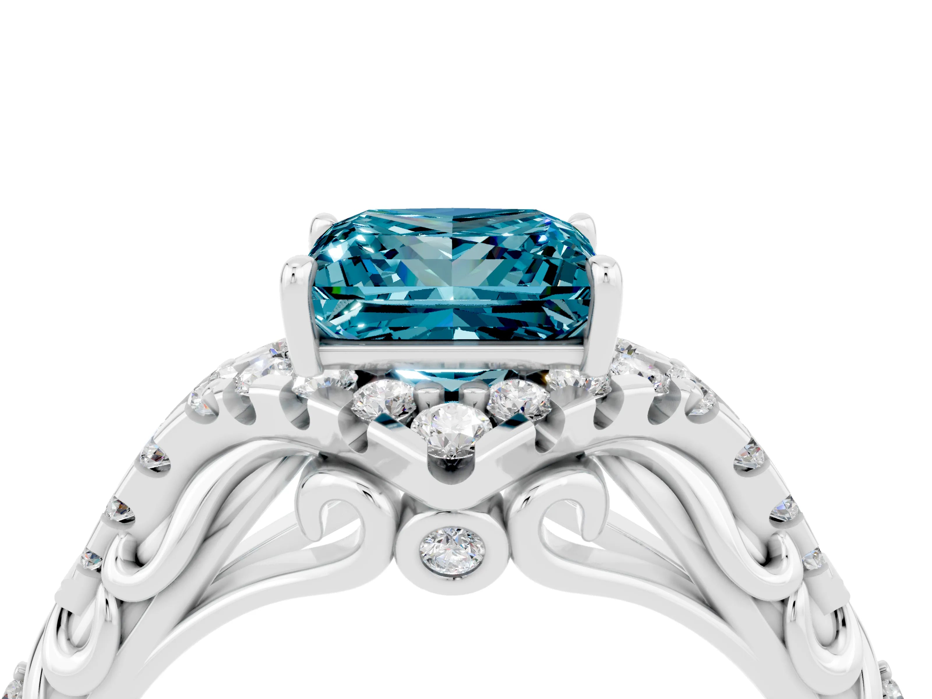 White gold Princess Cut Blue Topaz Solitaire Ring with Hidden Halo and Pavé Band_16