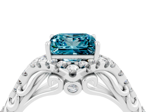 White gold Princess Cut Blue Topaz Solitaire Ring with Hidden Halo and Pavé Band_16