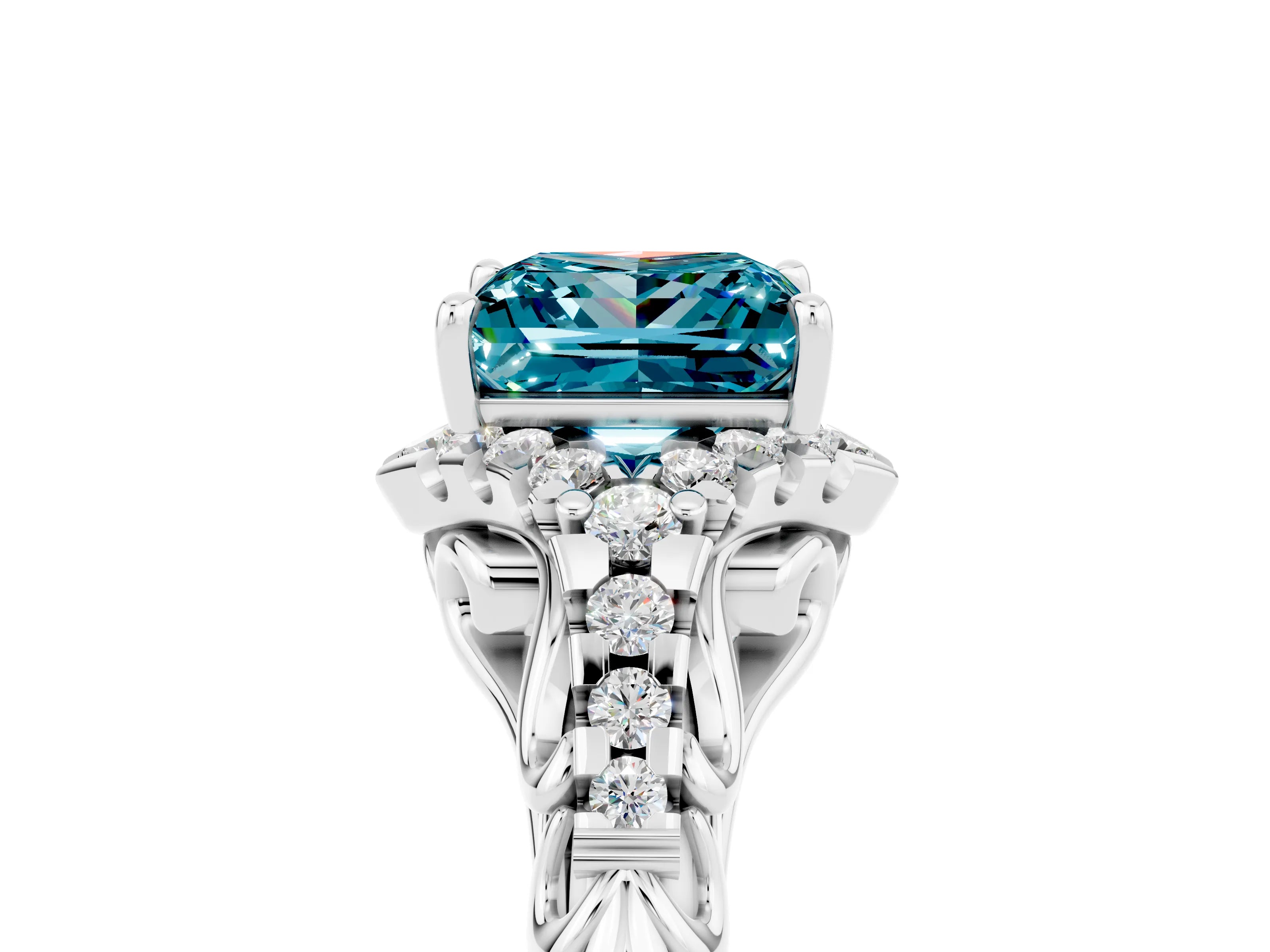 White gold Princess Cut Blue Topaz Solitaire Ring with Hidden Halo and Pavé Band_17