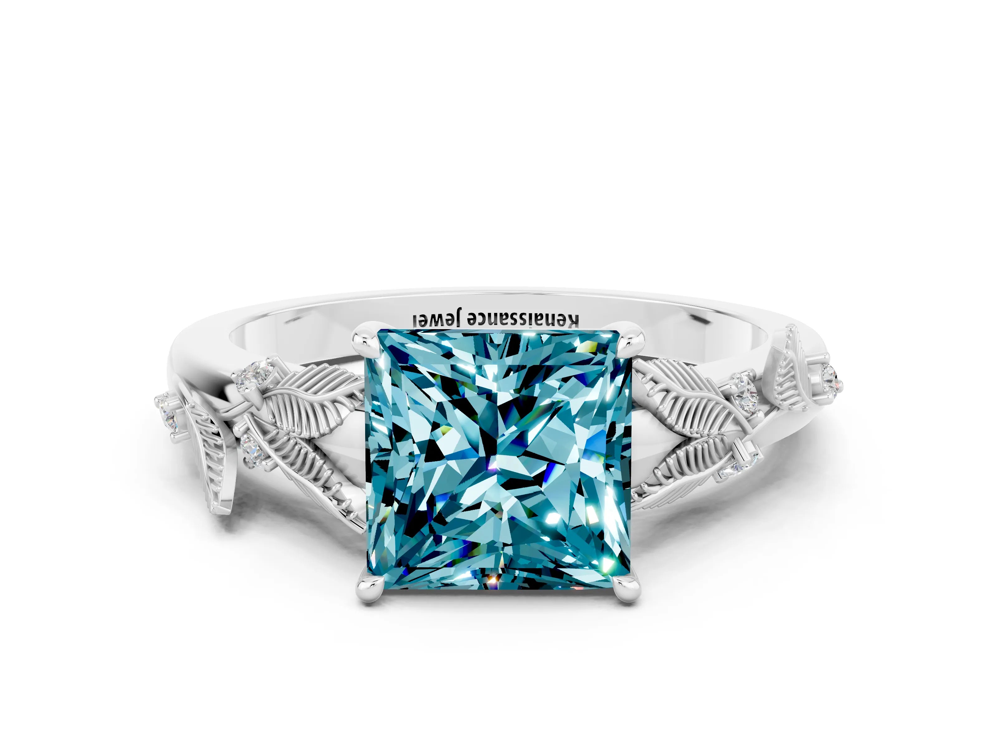 White gold Princess Cut Blue Topaz Solitaire Ring with Leaf Motif Band and Four-Prong Setting